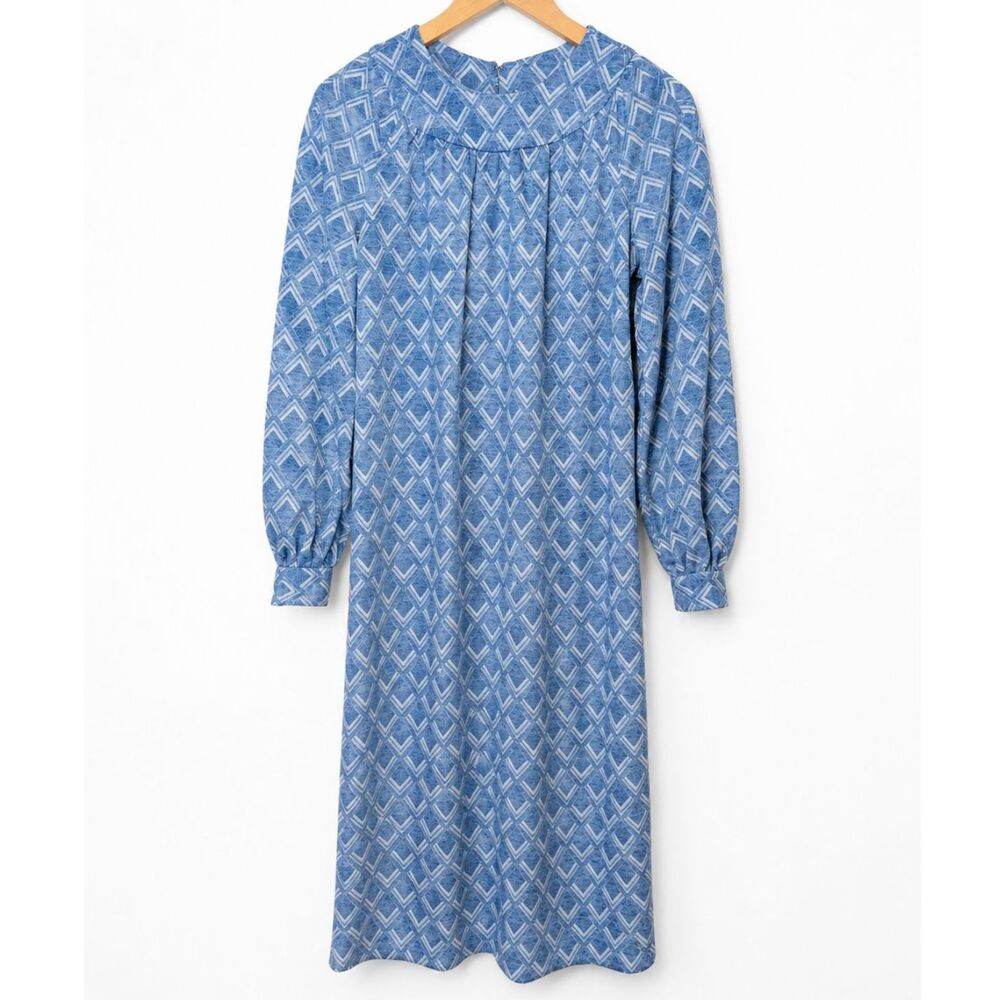Vintage Handmade Blue Geometric Long Sleeve Midi Dress w/ Tie Waist - Picture 2 of 9